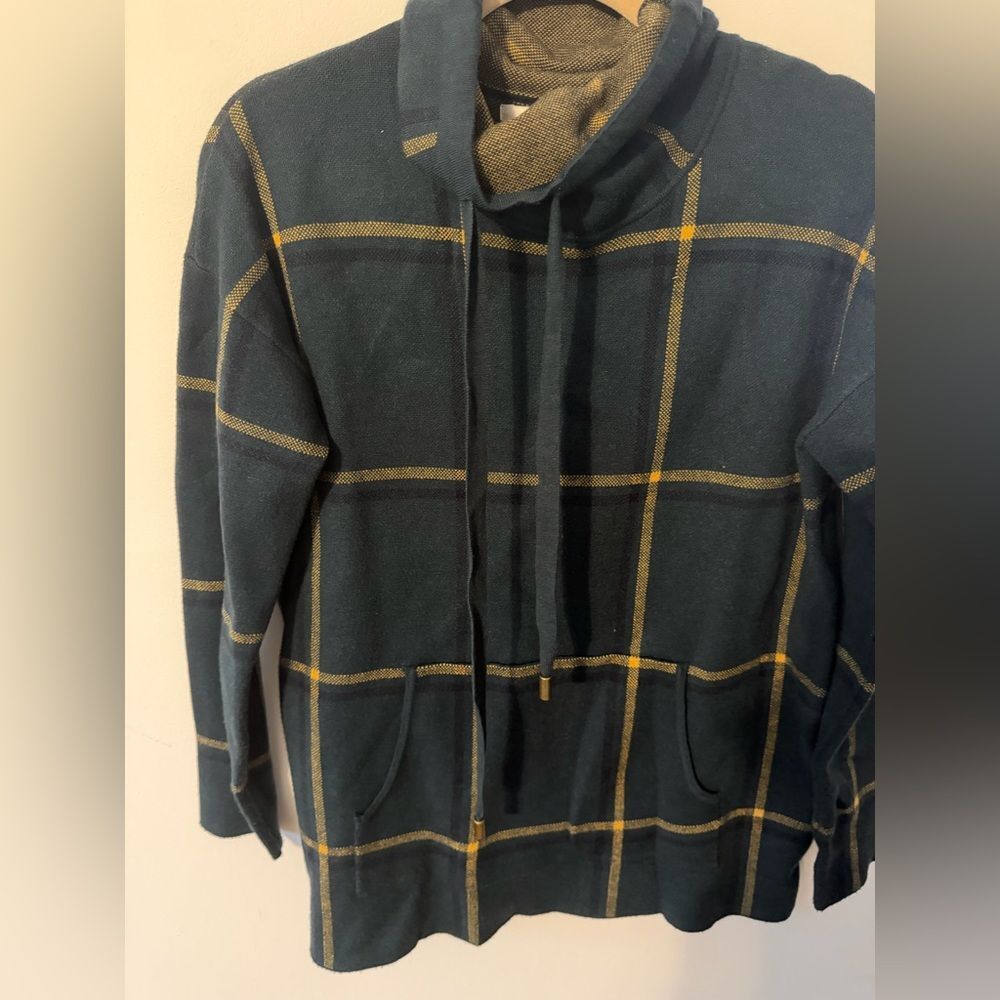 max studio women's size M green plaid Cowl Neck Long Sleeve Waffle Knit sweater - Picture 2 of 5